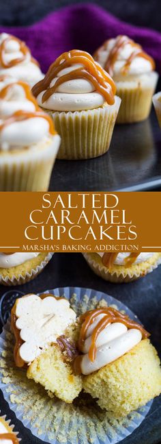 salted caramel cupcakes are sitting on top of each other