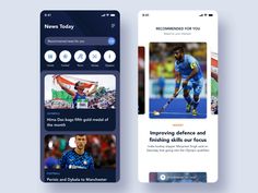 two mobile screens showing different sports related items and the same image as well as text