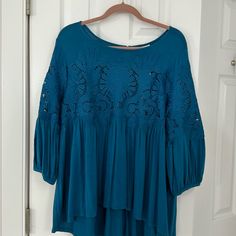 Beautiful Blue Top Featuring Lace And 3/4 Sleeves. Very Forgiving Flowing Style And Fit. Nice On Leggings Or Jeans. Brand New Never Worn. Purchased At Anthropologie Blue Half Sleeve Tops For The Beach, Blue Half Sleeve Beach Top, Blue 3/4 Sleeve Tops For Beach, Blue 3/4 Sleeve Tops For The Beach, Blue Tops With 3/4 Sleeve For Beach, Blue Tops With 3/4 Sleeves For Vacation, Blue Summer Top With 3/4 Sleeves, Blue Half-sleeve Blouse For Summer, Blue Top With 3/4 Sleeves For Summer