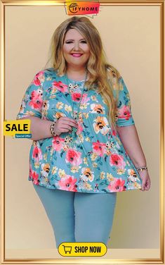 Sky Blue Plus Size Floral Print Short Sleeve Flowy Top Turquoise Floral Print Top For Spring, Turquoise Short Sleeve Tops For Spring, Flowy Top, Floral Print Shorts, Flowy Tops, Printed Shorts, Sky Blue, Blue Sky, Floral Print