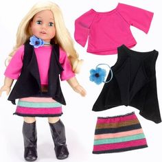 Your little one can dress their doll in many fun fall and winter weather outfit combinations with this value set of 9 individual mix-and-match apparel items from Sophia's by Teamson Kids. Complete wardrobe includes four shirts, two skirts, two leggings, and hairpiece. Layer tops and bottoms for funky, trendy looks every day! Pick from a circle print top, fair isle print leggings, striped knit skirt, velour skirt, white leggings, suede vest, off-the-shoulder top, or slouchy sweater for today's en Leggings Striped, Velour Skirt, Circle Print, Suede Vest, Slouchy Sweater, White Leggings, Print Leggings, Accessories Set, Skirt White