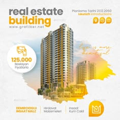 the real estate building flyer is designed to look like it has been painted yellow and white