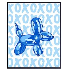 an image of a blue balloon dog in front of a white and blue background with the word xoxo on it