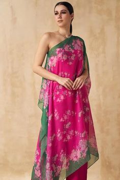 Shop for Sakshi Girri Pink Organza Printed Tunic And Palazzo Set for Women Online at Aza Fashions Indian Fits, Ballet Inspired Fashion, Asymmetric Tunic, Velvet Dress Designs, Simple Kurta Designs, Palazzo Set, Fuschia Pink, Tunic Pattern, Boutique Dress Designs