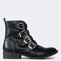 Qupid Vinci-58 Black Pu Studded Buckle Ankle Bootie Black Punk Ankle Strap Boots, Black Punk Boots With Ankle Strap, Edgy Black Low Heel Boots, Qupid Shoes, Ankle Bootie, Lace Up Boots, Biker Boot, Ankle Booties, Bootie