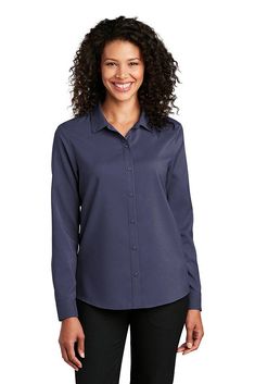 Port Authority ® Ladies Long Sleeve Performance Staff Shirt LW401 - TRUE NAVY - S | Port Authority Women's Long Sleeve Performance Staff Shirt in True Navy Blue Size Small | Polyester Workout Tops For Women, Shirts Long Sleeve, Port Authority, Twill Shirt, Dress Shirts For Women, True Blue, Long Sleeve Shirt Dress, Poplin Shirt, Work Shirts