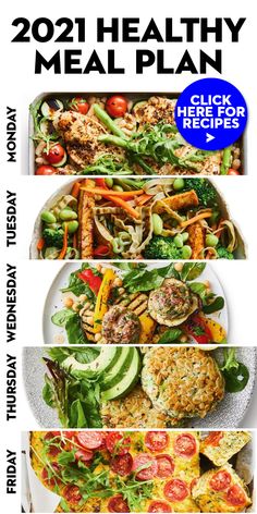 the healthy meal plan is shown in three different pictures, including salads and meat