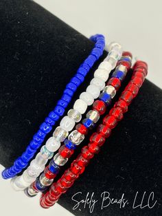 Set of 4 Stretchy Bracelets: 1 red, 1 white, 1 blue, 1 red, white, & blue Size: One size fits most, measured when made at 7 inches. Each bracelet is designed and made individually here at Solely Beads. You can mix and match these bracelets to match your own style. Wear them individually or all together. Independance Day, Jewelry Dainty, Stretchy Bracelets, Bead Bracelets, Seed Bead Bracelets, Bracelet Jewelry, July 4th, Stretch Bracelet, Red White Blue