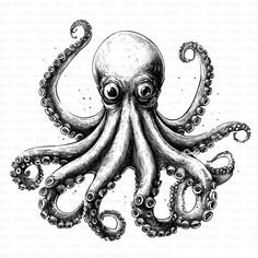 an octopus with large eyes and tentacles on it's back, in black ink