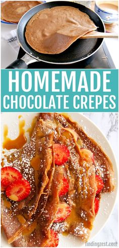 homemade chocolate crepes with strawberries and powdered sugar