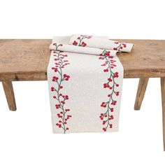 15 in. x 90 in. Holly Berry Branch Crewel Embroidered Christmas Table Runner, Natural - Super Arbor Berry Branch, Embroidered Table Runner, Embroidered Christmas, Holiday Meals, Holly Berry, Christmas Table Runner, Natural Fabric, Christmas Holly, Linen Table Runner