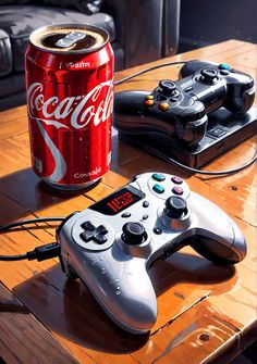 a soda can sitting next to a video game controller on top of a wooden table