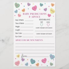 a baby advice card with hearts on it