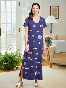 M.MAC Ankle-Length Rock Fish Dress Cotton V-neck Dress With Graphic Print, Casual Patterned Cotton Maxi Dress, Casual Graphic Print Loungewear Dress, Rock Fish, Mac Collection, Fish Dress, Ankle Length Dress, Line Store, Style Maxi Dress