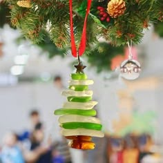 an ornament hanging from a christmas tree