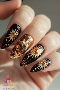 Witchy Fall Nails, Veggie Nails, Black Celestial Nails, Cathedral Nails, Nails Goddess, Nature Nails Designs, Gold Nail Inspiration, Winter Gala, Rhinestones Nails