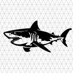 a black and white drawing of a shark with sharp teeth on it's face