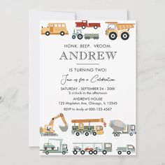 an image of a birthday party with trucks and construction vehicles on the front of it