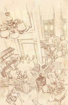 a drawing of people in a kitchen with pots and pans