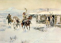 a painting of men on horses in the snow near a log cabin with people standing around