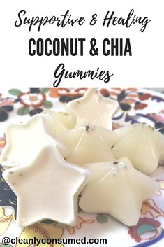 coconut and chia gummies on a plate with text overlay