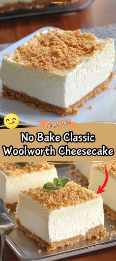 no bake classic woolworth cheesecake recipe on a plate with text overlay