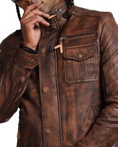 Men Brown Distressed Leather Jacket Explore the city in style with our distressed brown biker jacket, designed for those who are daring and adventurous. Made to complement your edgy personality, this brown jacket embraces a classic design with a distressed look, making it unique outerwear.Featuring a tailored design, this brown jacket offers a structured silhouette, enhancing the look of any attire this outerwear is adorned with. Constructed with 100% genuine leather, it offers a lightweight and Brown Biker Jacket, Vintage Biker Jacket, Vintage Leather Motorcycle Jacket, Leather Jacket For Men, Distressed Leather Jacket, Leather Factory, Vintage Biker, Tailored Design, Vintage Leather Jacket