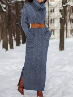 High Neck Long Sleeve Sweater Dress, Lake Blue / M Fashion Timeline, Moda Hippie, Long Sleeve Turtleneck Dress, Sweater Dress Casual, Plus Size Pullover, Winter Wishes, Cable Knit Sweater Dress, Sweater Maxi Dress, Pullover Outfit