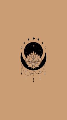 a black and white drawing of a lotus on a brown background with the moon above it