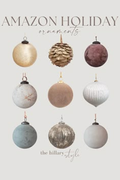 an image of christmas ornaments with the words amazon holiday ornaments written below each ornament