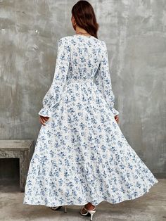 Floral Print Shirred Waist Dress, Vacation V Neck Long Sleeve Dress V Neck Long Sleeve Dress, Shirred Waist Dress, Dress Vacation, Vacation Dresses, Waist Dress, Fashion Online Shop, Online Fashion, All Fashion, Sleeve Dress