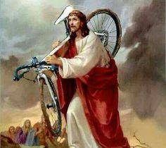 a painting of jesus carrying a bicycle on it's back