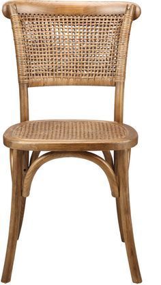 a wooden chair with wicker seat and backrests on an isolated white background