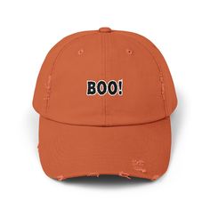 Made with 100% cotton twill for high-end comfort and durability, these quoted "BOO!" distressed hats bring all the style and halloween spirit one needs. The low profile along with the D-ring closure on a self-fabric hideaway strap ensures both proper protection from the sun and that perfect, adjustable fit.  Please note: Small details and letters within 1/2 inch of the seam line should be avoided due to the nature of DTF printing. Small prints may lift from the fabric. Prefer wider logos and images, or ensure text has a sufficient background to improve adhesion. .: 100% cotton twill .: Sewn-in label .: Closure: self-fabric hideaway strap with metal D-ring slider .: Printed using Direct to Film (DTF) technology  .: Please note: Due to a special finishing process, distress and color may vary Adjustable Cotton Hat For Halloween, Adjustable Cotton Halloween Hat, Casual Halloween Cap, Casual Halloween Trucker Hat Baseball Cap, Trendy Halloween Cap Hat, Casual Halloween Trucker Hat, Trendy Halloween Cap, Casual Halloween Baseball Cap, Halloween Streetwear Baseball Cap