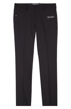 A signature logo brands the leg of skinny dress pants impeccably tailored in Italy from fine virgin wool. 38 1/2" inseam; 14" leg opening; 9 1/2" front rise; 15" back rise (size 46 EU) Zip fly with hook-and-bar closure Side-seam pockets Lined 100% virgin wool Dry clean Made in Italy Men's Designer Clothing Black Owned/Founded Classic Stretch Bottoms With Straight Silhouette, Classic Elastane Pants With Straight Hem, Classic Dress Pants For Business, Tailored Elastane Pants With Straight Silhouette, Classic Pants With Straight Silhouette In Elastane, Classic Straight Silhouette Elastane Pants, Modern Fitted Dress Pants For Office, Classic Slim Fit Straight Bottoms, Classic Elastane Business Casual Pants