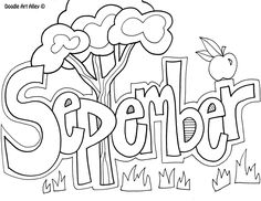 a coloring page with the word spring written in large letters and an apple on top