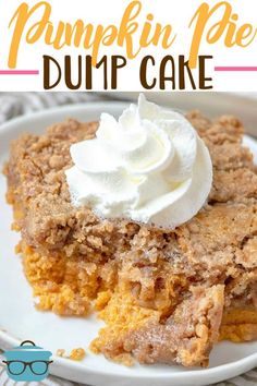 pumpkin pie dump cake on a white plate with whipped cream in the middle and text overlay