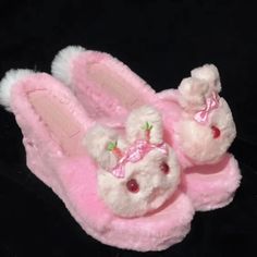 ♡ Pink Bunny ♡ - Handmade Platform Shoes – Heart of Doll Pink Kawaii Closed Toe Heels, Pink Kawaii Heels, Pink Open Toe Slippers With Rubber Sole, Cute Synthetic Heels, Cute Open Toe Synthetic Slippers, Cute Pink Flat Slippers, Cute Closed Toe Slippers For Spring, Cute Round Toe Slippers For Spring, Cute Synthetic Slippers With Round Toe