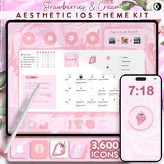 a pink desktop computer screen with the words strawberries and cream aesthetic ics theme kit on it