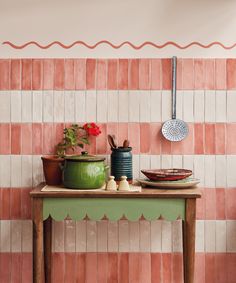 Check it out | Claybrook Journal Striped Tile Kitchen Backsplash, Striped Bathroom Walls, Tiled Bath Panel, White Tile Splashback, Brick Wall Tiles, Boho Apartment, Striped Tile, Tile Splashback, Checkerboard Floor