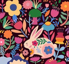 an illustration of a rabbit surrounded by flowers and plants on a black background with blue, pink, orange, yellow, green, red, purple and white colors