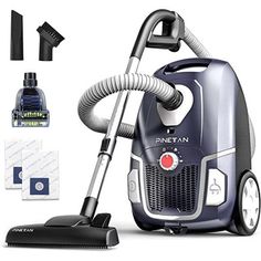 an image of a vacuum cleaner with cleaning supplies