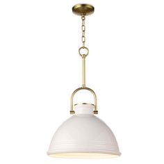 a white light hanging from the ceiling with a gold chain around it and an open dome shade