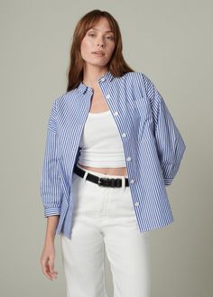 NAVY WHITE STRIPE Blue Lining Shirt Outfit, Lining Shirts Women, Beach Shirt With Pockets For Spring, Summer Cotton Shirt For Daywear, Beach Season Cotton Button-up Shirt, Beach Season Button-up Tops With Pockets, Cotton Button-up Shirt For Beach Season, Button-up Tops With Pockets For Beach Season, Vacation Summer Shirt With Shirttail Hem