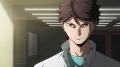 an anime character with brown hair wearing a white coat and blue shirt in a hallway