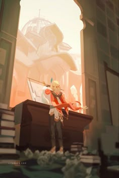 an anime character standing in front of a piano