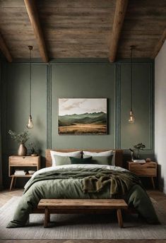 a bedroom with green walls and wooden furniture in the corner, there is a large painting on the wall above the bed