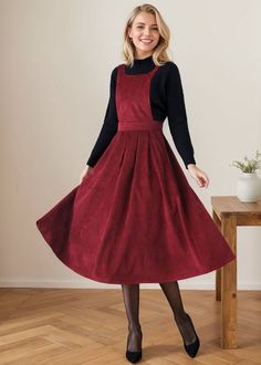 This is a burgundy pinafore dress, the color is perfect for going in fall and winter, it is made of corduroy fabric, which is softer and more skin-friendly, it is very comfortable to wear, and the sleeveless design is very easy to put on and take off, and you can wear it with black long sleeves inside like the model. ★★FEATURES corduroy dress Two side pockets Right hidden zipper closure adjustable strap Pinafore dress Pleated dress Perfect for spring,autumn and winter Dry clean ★★Mode size Heigh Burgundy A-line Dress For Fall, Sleeveless Burgundy Dress For Fall, Burgundy Sleeveless Dress For Fall, Burgundy Sleeveless Fall Dress, Vintage Burgundy Winter Dresses, Womens Pinafore Dress, Pinafore Dress Pattern, Corduroy Pinafore, Corduroy Pinafore Dress