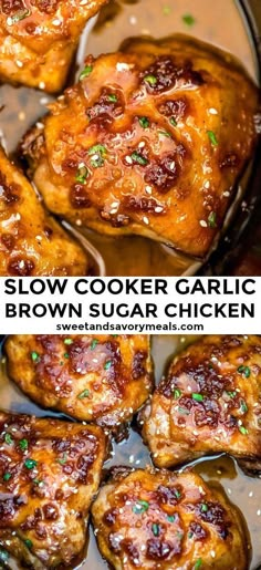 slow cooker garlic brown sugar chicken in a skillet with text overlay that says slow cooker garlic brown sugar chicken