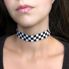 "A funky black and white checkered choker. This necklace features high quality single face ribbon and your choice of dark bronze or silver hardware. The ribbon is 25mm wide and the length shown in photos is 12\" and more options are available. Each size comes with an additional 2.5\" extender chain. When selecting necklace length, measure around the smallest part of your neck. If you're in between sizes, go for the next smallest size and use the extender chain for the perfect fit! If you would l Retro Adjustable Choker As Gift, Adjustable Retro Choker For Gift, Egirl Necklace, Scene Necklace, Goth Choker, Choker Collar Necklace, Styles P, Necklace Display, Choker Style